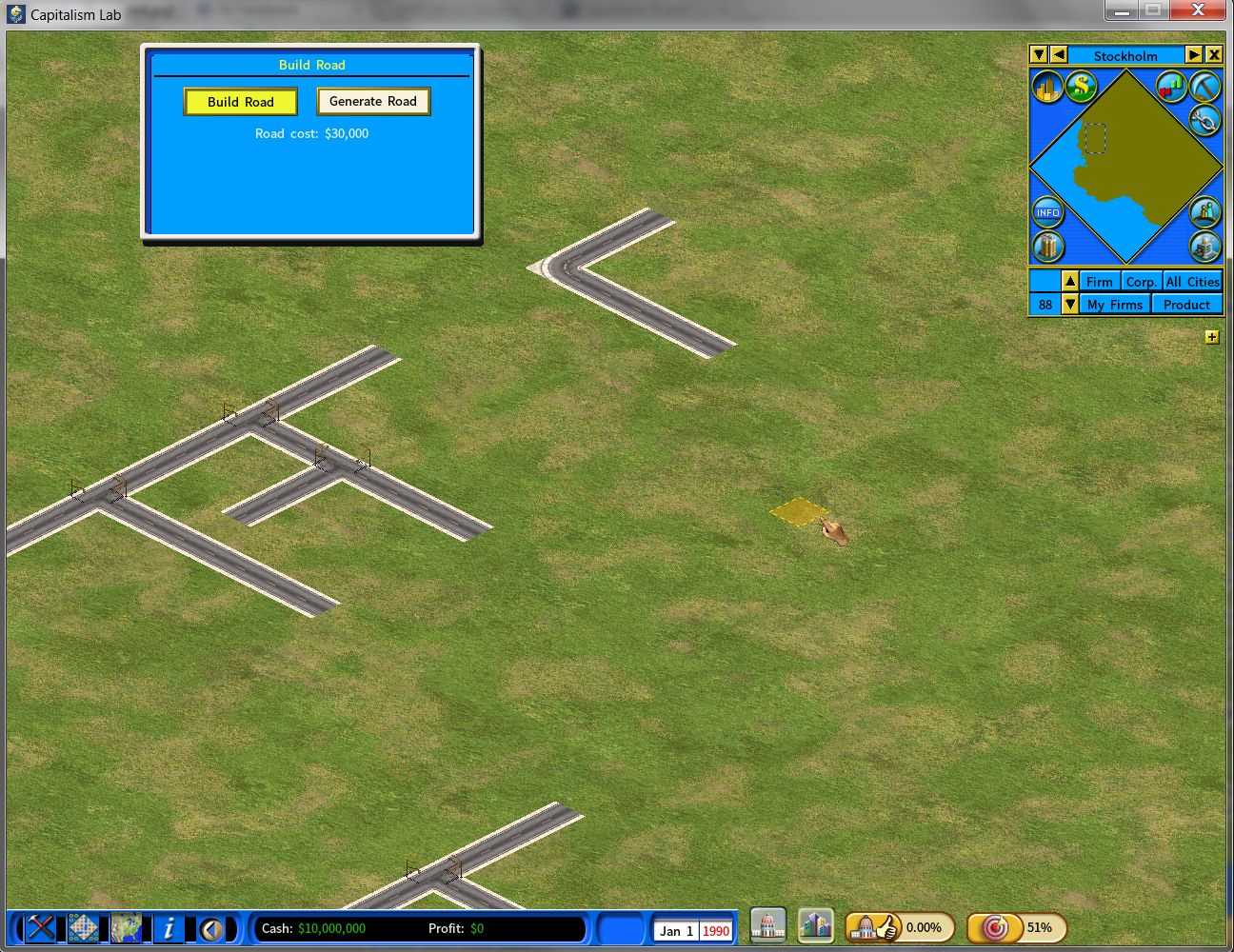Test screenshot: the city starts without any roads and the player will be provided with a basic set of tools for laying roads.